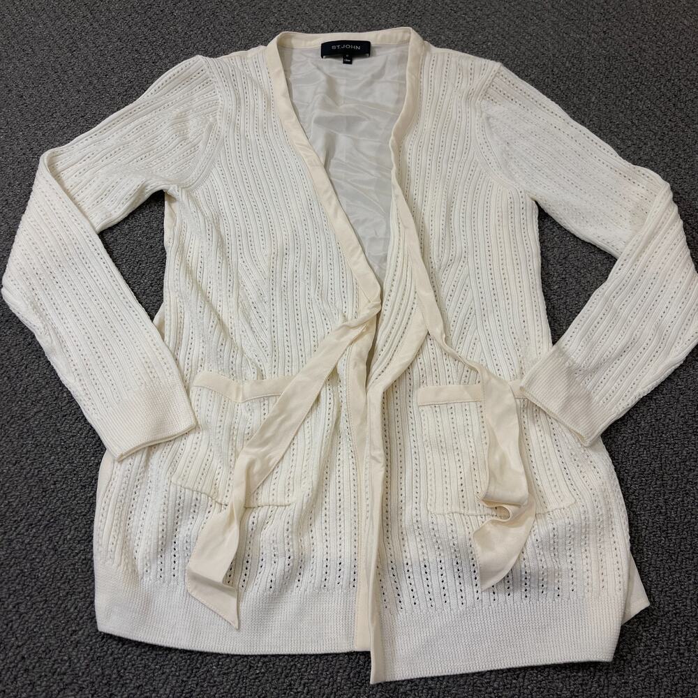 St. John Wool Silk Blend Cardigan Sweater Womens Medium M Cream - Picture 1 of 9